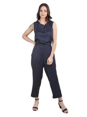 Women's Casual Crepe Sleeveless Jump Suit (Navy Blue)