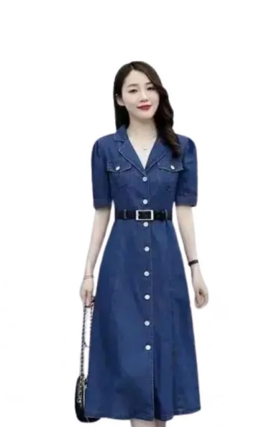 Women's Casual Denim Half Sleeves Dress (Blue)