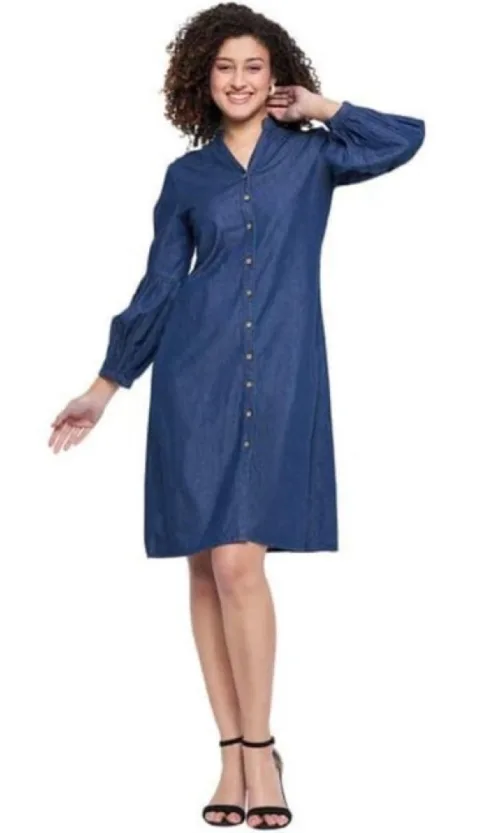 Women's Casual Denim Full sleeve Dress (Blue)