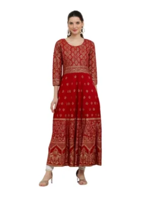 Women's Casual Rayon 3-4th Sleeves Anarkali Kurti (Red)