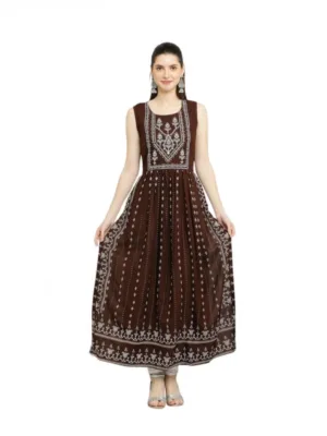 Women's Casual Rayon Sleeveless Kurti (Brown)
