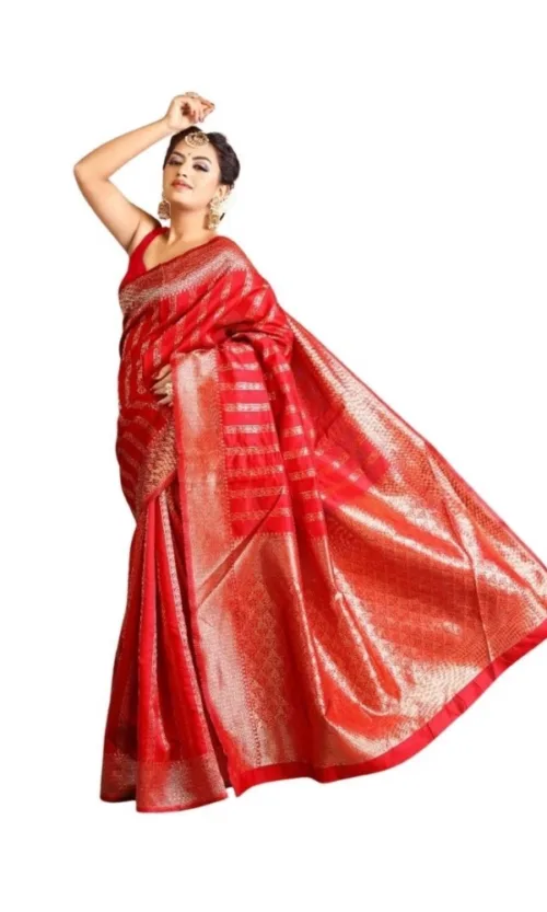Women's Soft Lichi Silk Printed Saree With Unstitched Blouse 5.5Mtr (Red)