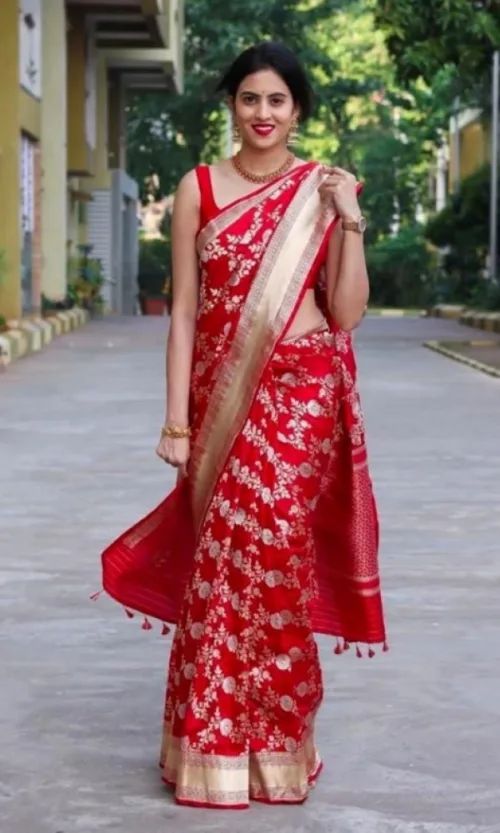 Women's Soft Lichi Silk Printed Saree With Unstitched Blouse 5.5Mtr (Red)