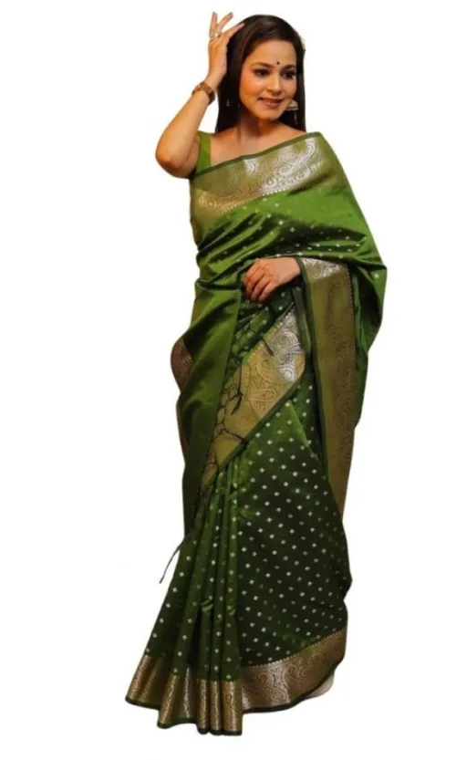 Women's Soft Lichi Silk Printed Saree With Unstitched Blouse 5.5Mtr (Green)