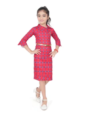 Girl's Knitted Printed 3/4 th Sleeve Close Neck Dress (Pink)