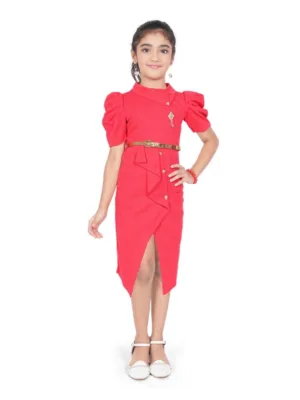 Girl's Cotton Lycra Soild Short Sleeve Close Neck Dress (Pink)