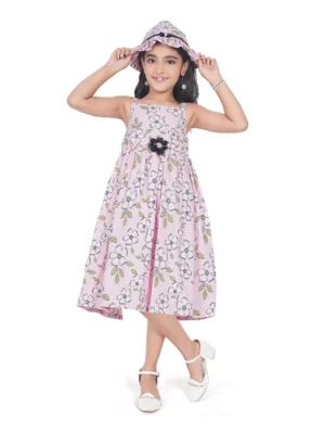 Girl's Cotton Printed Sleeve Less Round Neck Dress (Pink)