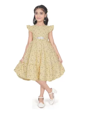 Girl's Twill Printed Short Sleeve Round Neck Dress (Yellow)