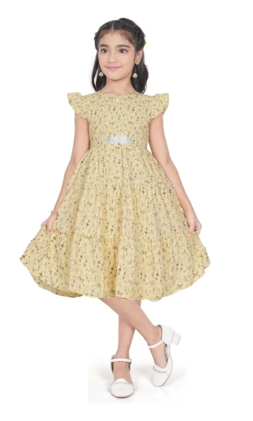 Girl's Twill Printed Short Sleeve Round Neck Dress (Yellow)