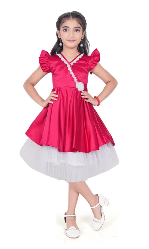Girl's Satin Soild Short Sleeve V Neck Dress (Pink)
