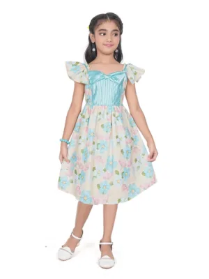 Girl's Popcorn Printed Short Sleeve Squre Neck Dress (Sky Blue)