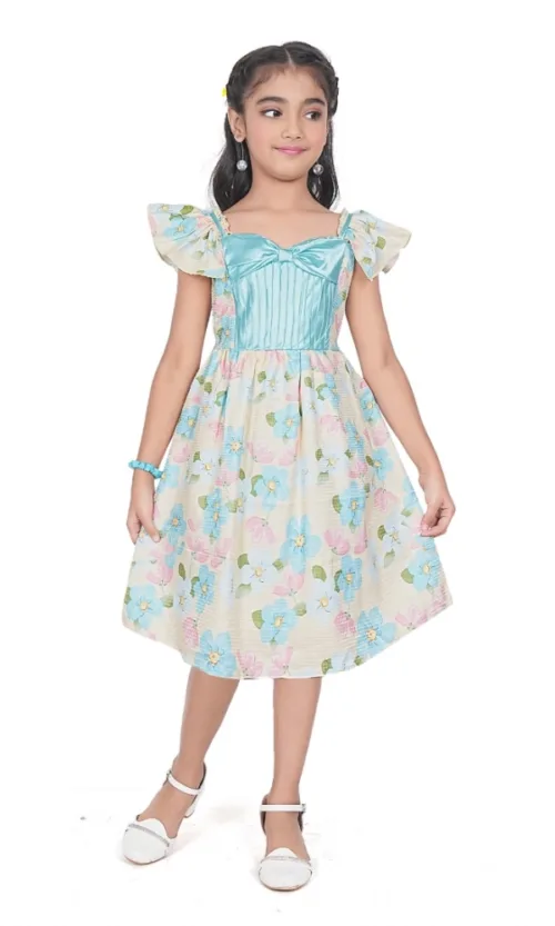 Girl's Popcorn Printed Short Sleeve Squre Neck Dress (Sky Blue)