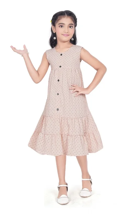 Girl's Slub Printed Sleeve Less Round Neck Dress (Brown)