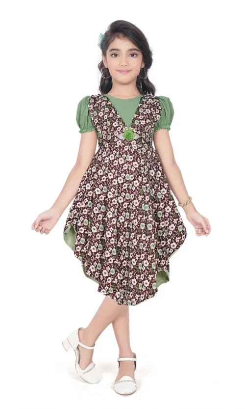 Girl's Twill Printed Short Sleeve Round Neck Dress (Green)