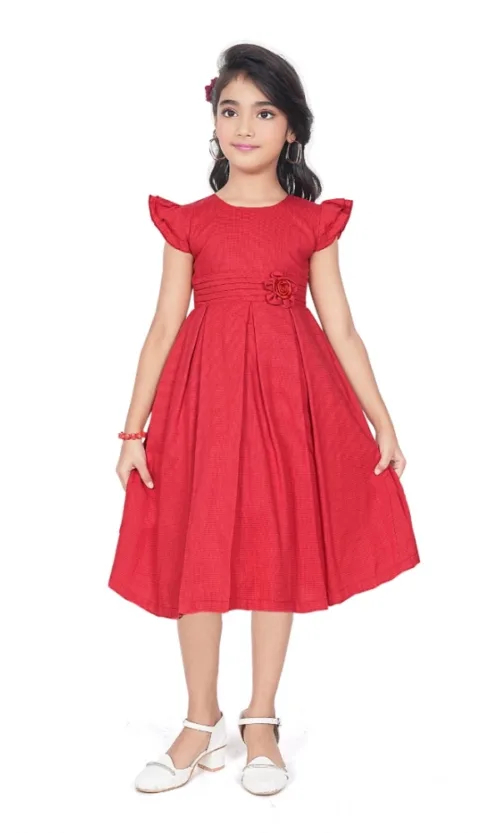 Girl's Rayon Soild Short Sleeve Round Neck Dress (Red)