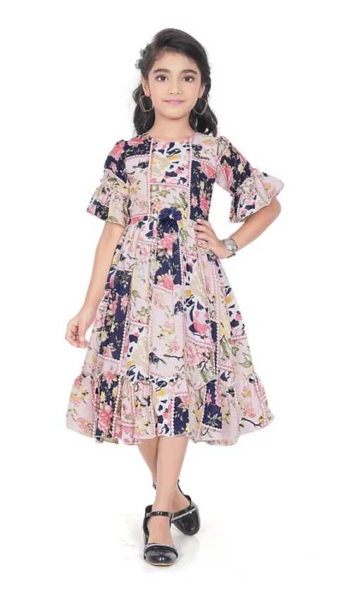 Girl's Shiffon Printed Half Sleeve Round Neck Dress (Peach)