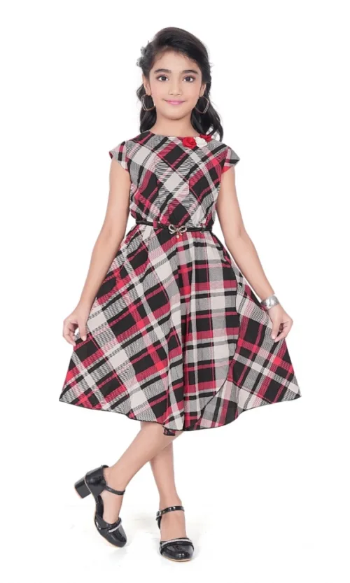 Girl's Lycra Checks Striped Short Sleeve Round Neck Dress (Pink)