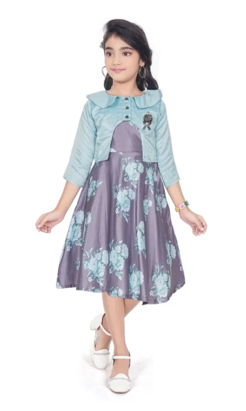 Girl's Satin Printed Sleeve Less Round Neck Dress (Sea Green)