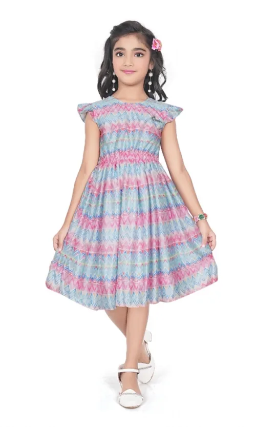 Girl's Lycra Printed Sleeve Less Round Neck Dress (Multicolor)