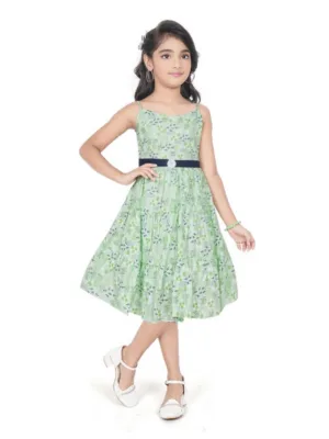Girl's Cotton Slub Printed Sleeve Less Round Neck Dress (Sea Green)