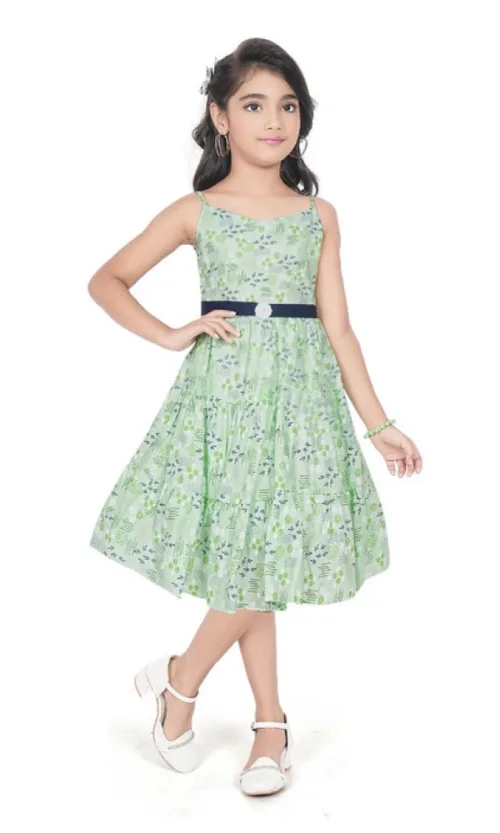 Girl's Cotton Slub Printed Sleeve Less Round Neck Dress (Sea Green)