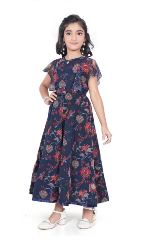 Girl's Shiffon Printed Short Sleeve Round Neck Dress (Blue)