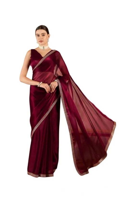 Women's Jimmy Choo solid Saree With Unstitched Blouse 5.5Mtr (Wine )