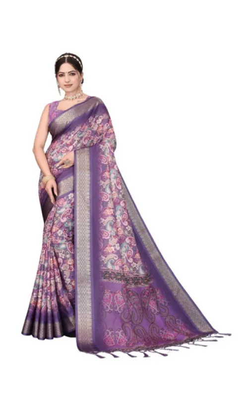 Women's Cotton Silk  Printed Saree With Unstitched Blouse 5.5Mtr (Purple)
