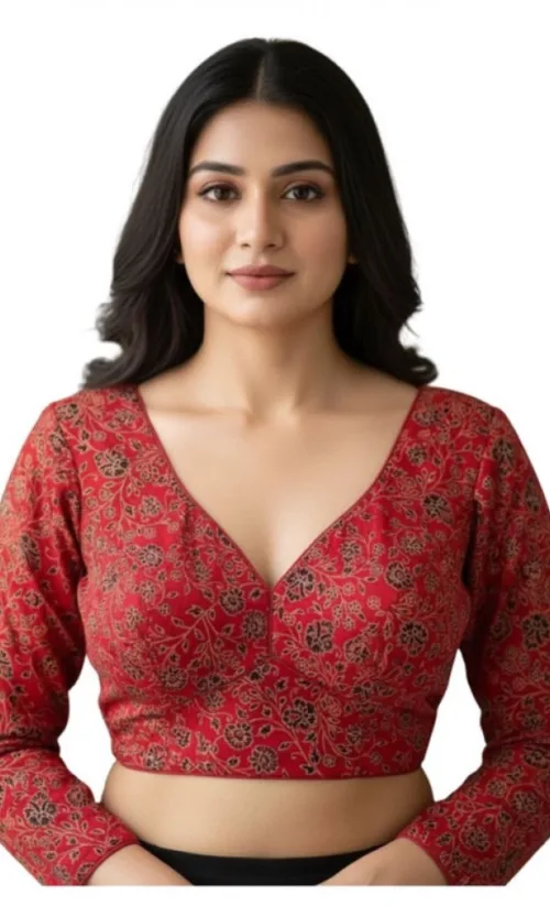 Women's Ajrakh Cotton Printed V-Neck Padded Blouse (Red 38 Ready (Self Alterable 36–40)