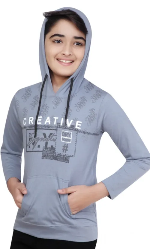 Boy's Cotton Printeded Hooded Neck Hoodies (Steel Blue)