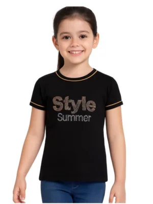 Girl's Cotton Printeded Round Neck T-Shirt (Black)