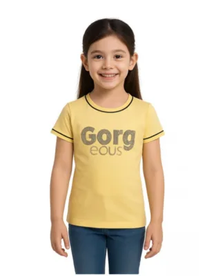 Girl's Cotton Printeded Round Neck T-Shirt (Yellow)