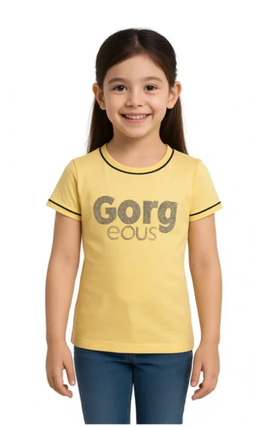 Girl's Cotton Printeded Round Neck T-Shirt (Yellow)