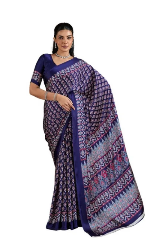 Women's Satin Crepe Printed Saree With Unstitched Blouse 5.5Mtr (Navy Blue)