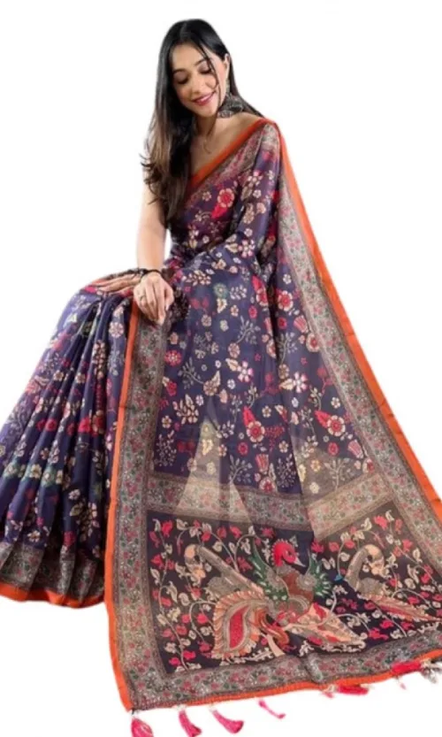 Women's Linen Printed Saree With Unstitched Blouse 5.5Mtr (Blue)
