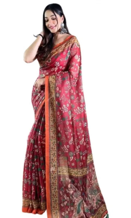 Women's Linen Printed Saree With Unstitched Blouse 5.5Mtr (Red)
