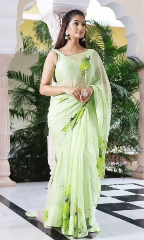 Women's Linen Printed Saree With Unstitched Blouse 5.5Mtr (Green)