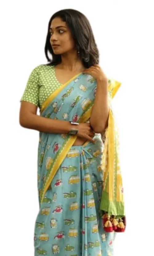 Women's Linen Printed Saree With Unstitched Blouse 5.5Mtr (Blue)