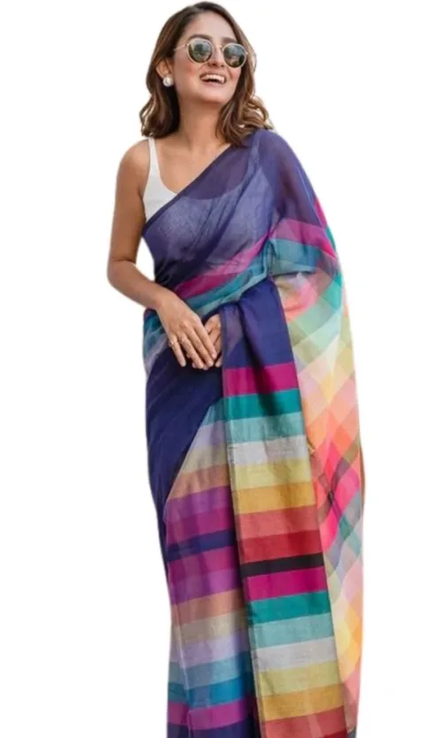 Women's Linen Printed Saree With Unstitched Blouse 5.5Mtr (Navy)