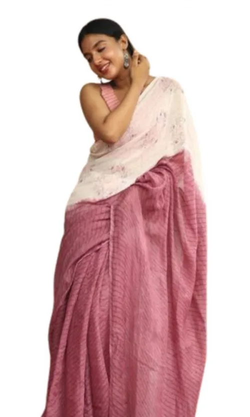 Women's Linen Printed Saree With Unstitched Blouse 5.5Mtr (White)