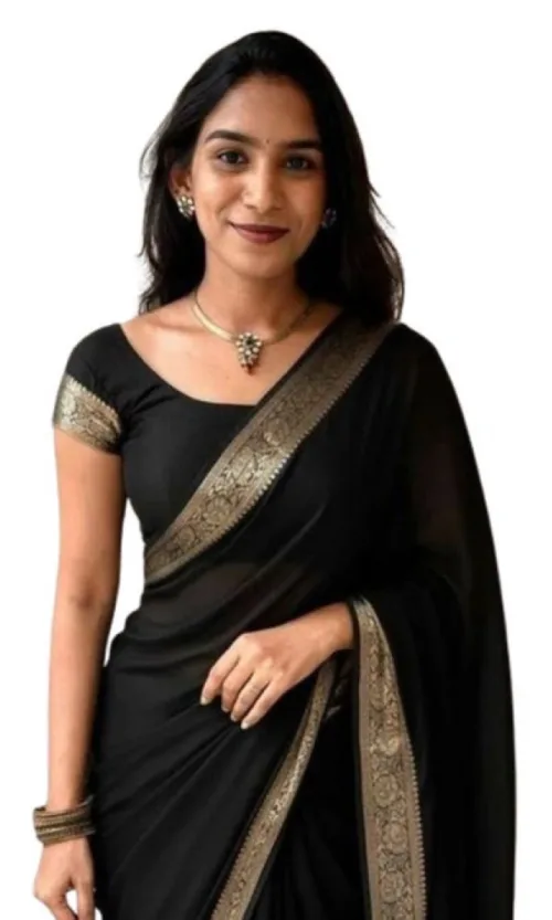 Women's Vichitra Silk Printed Saree With Unstitched Blouse 5.5Mtr (Black)