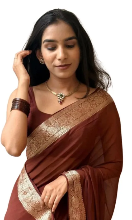 Women's Vichitra Silk Printed Saree With Unstitched Blouse 5.5Mtr (Brown)