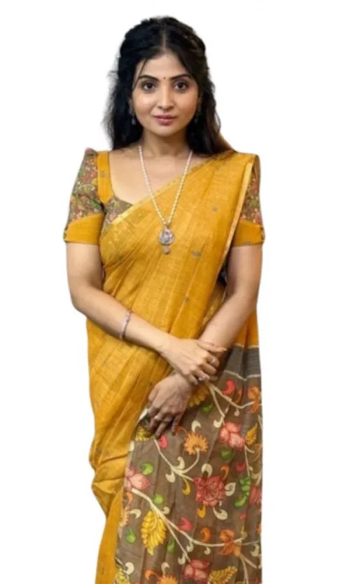 Women's Linen Printed Saree With Unstitched Blouse 5.5Mtr (Mustard)