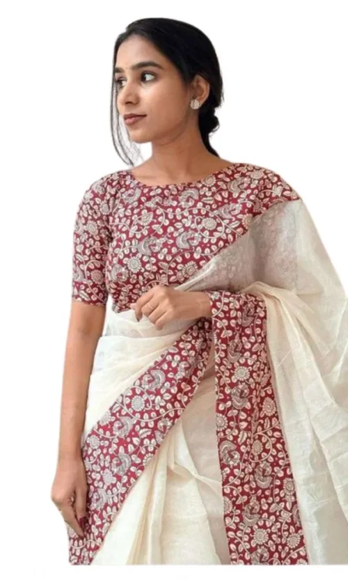 Women's Linen Printed Saree With Unstitched Blouse 5.5Mtr (White)