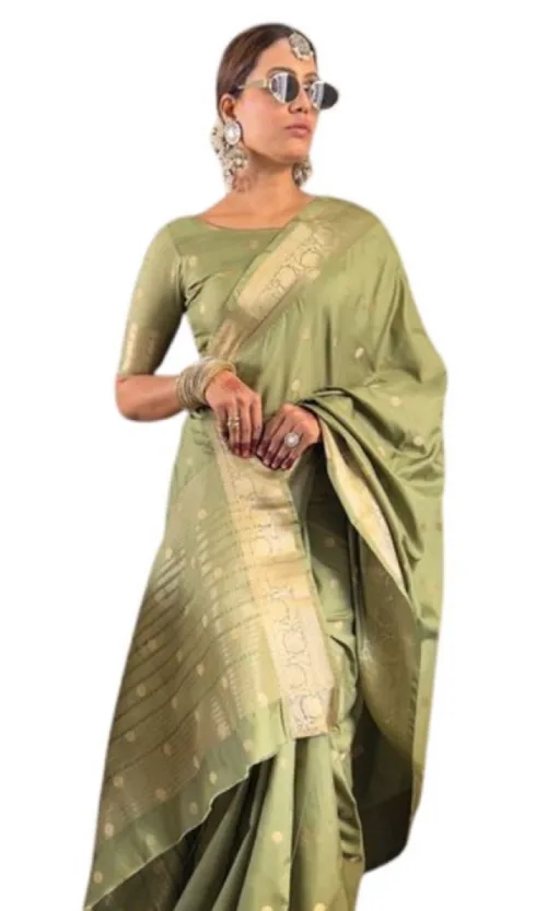 Women's Satin Printed Saree With Unstitched Blouse 5.5Mtr (Green)