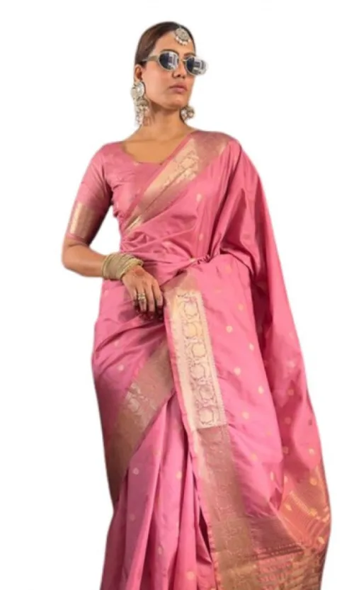 Women's Satin Printed Saree With Unstitched Blouse 5.5Mtr (Pink)
