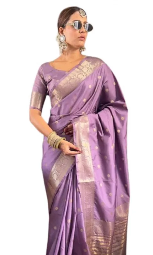 Women's Satin Printed Saree With Unstitched Blouse 5.5Mtr (Purple)