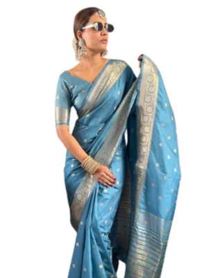 Women's Satin Printed Saree With Unstitched Blouse 5.5Mtr (light Blue)