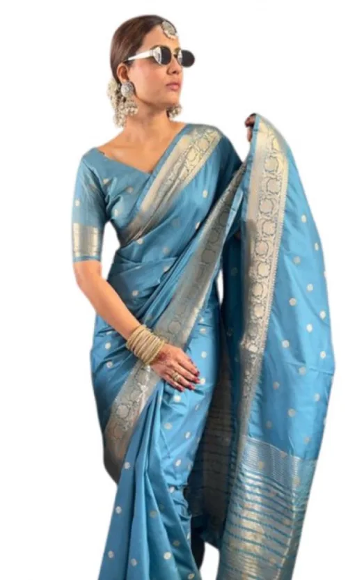 Women's Satin Printed Saree With Unstitched Blouse 5.5Mtr (light Blue)