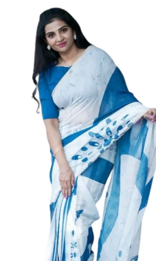 Women's Linen Printed Saree With Unstitched Blouse 5.5Mtr (White)